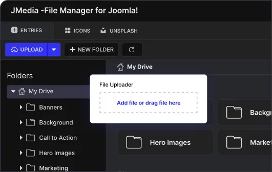 The JMedia file manager in Joomla, showing the folder tree, upload panel and Unsplash tab